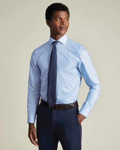 Non-Iron Cotton Linen Check Slim Fit Shirt - Sky Blue