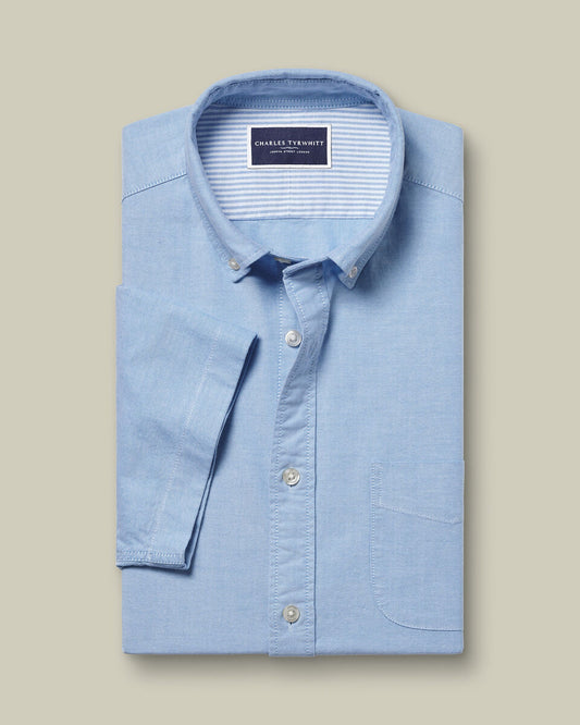 Button-Down Collar Washed Oxford Short Sleeve Classic Fit Shirt Blue