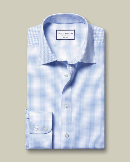 Non-Iron Twill Mini Grid Check Slim Fit Shirt - Cornflower Blue