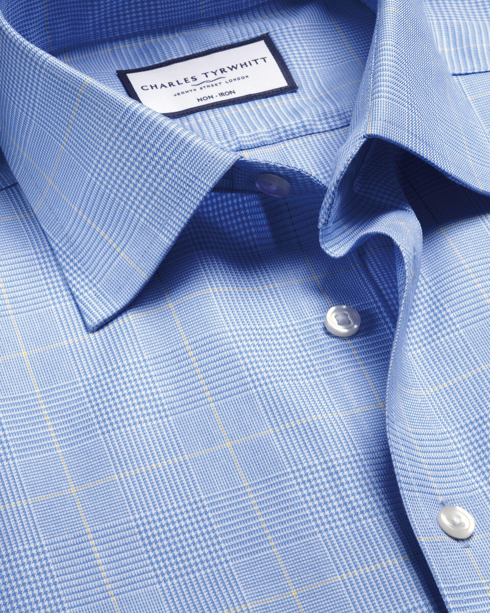 Slim Fit Non-Iron Prince of Wales Check Shirt - Ocean Blue