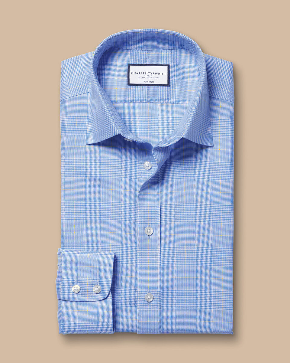 Slim Fit Non-Iron Prince of Wales Check Shirt - Ocean Blue