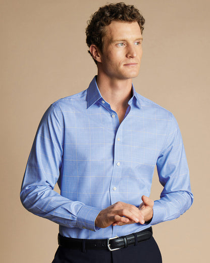 Slim Fit Non-Iron Prince of Wales Check Shirt - Ocean Blue