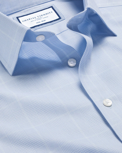 Extra Slim Fit Non-Iron Prince of Wales Check Shirt - Cornflower Blue