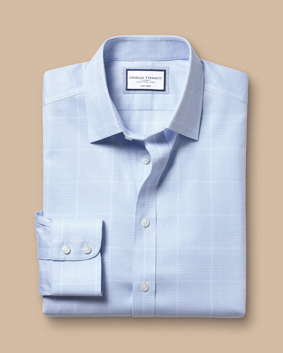 Extra Slim Fit Non-Iron Prince of Wales Check Shirt - Cornflower Blue