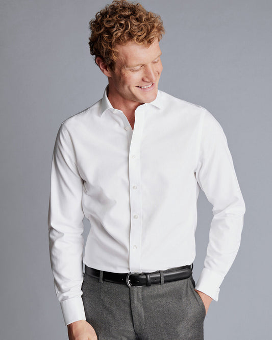 Spread Collar Non-Iron Clifton Weave Double Cuff Slim Fit Shirt - White