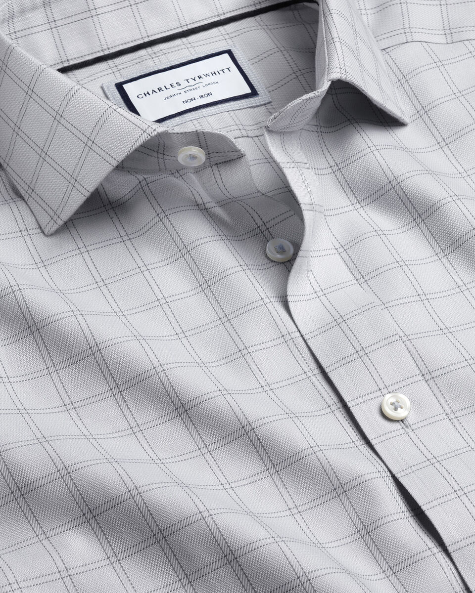 Double Cuff Cutaway Collar Non-Iron Mayfair Weave Check Slim Fit Shirt - Silver