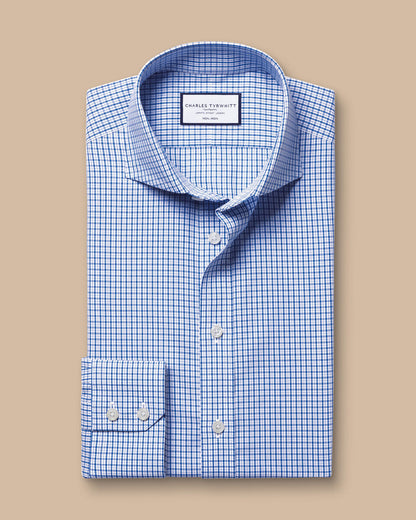 Cutaway Collar Non-Iron Poplin Grid Check Slim Fit Shirt - Cobalt Blue