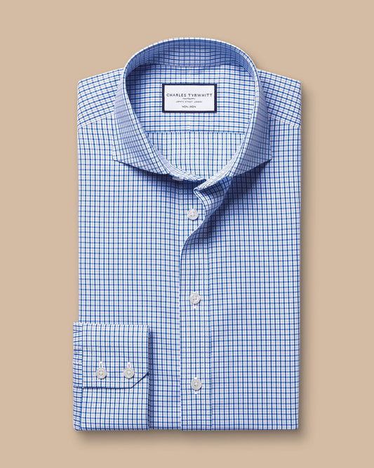 Cutaway Collar Non-Iron Poplin Grid Check Slim Fit Shirt - Cobalt Blue