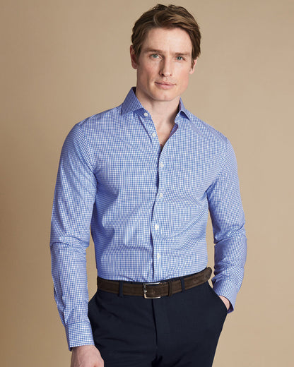 Cutaway Collar Non-Iron Poplin Grid Check Slim Fit Shirt - Cobalt Blue