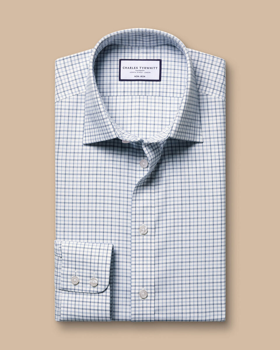 Non-Iron Royal Oxford Windowpane Check Slim Fit Shirt - Steel Blue