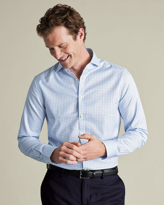Cutaway collardetails about product:Non-Iron Twill Check Slim Fit Shirt - Cornflower Blue