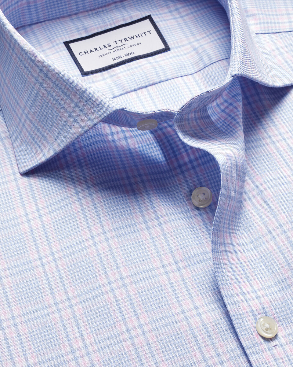 Non-Iron Twill Prince of Wales Classic Fit Shirt Sky Blue & Pink