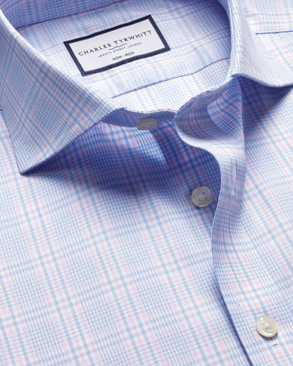 Non-Iron Twill Prince of Wales Classic Fit Shirt Sky Blue & Pink