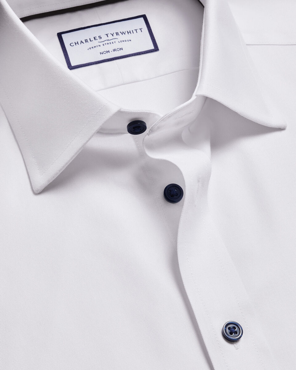 White Non-Iron Twill Slim Fit Shirt With Navy Button