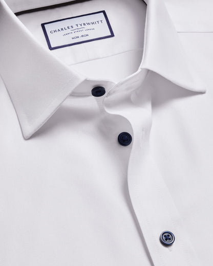 White Non-Iron Twill Slim Fit Shirt With Navy Button