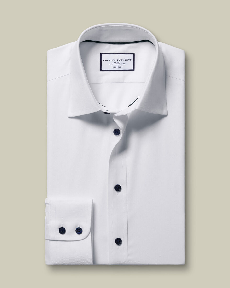 White Non-Iron Twill Slim Fit Shirt With Navy Button