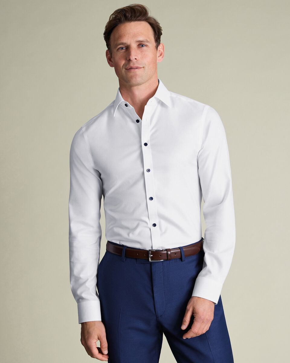 White Non-Iron Twill Slim Fit Shirt With Navy Button