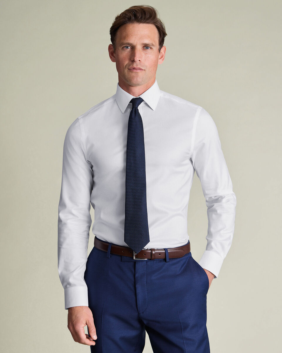 White Non-Iron Twill Slim Fit Shirt With Navy Button