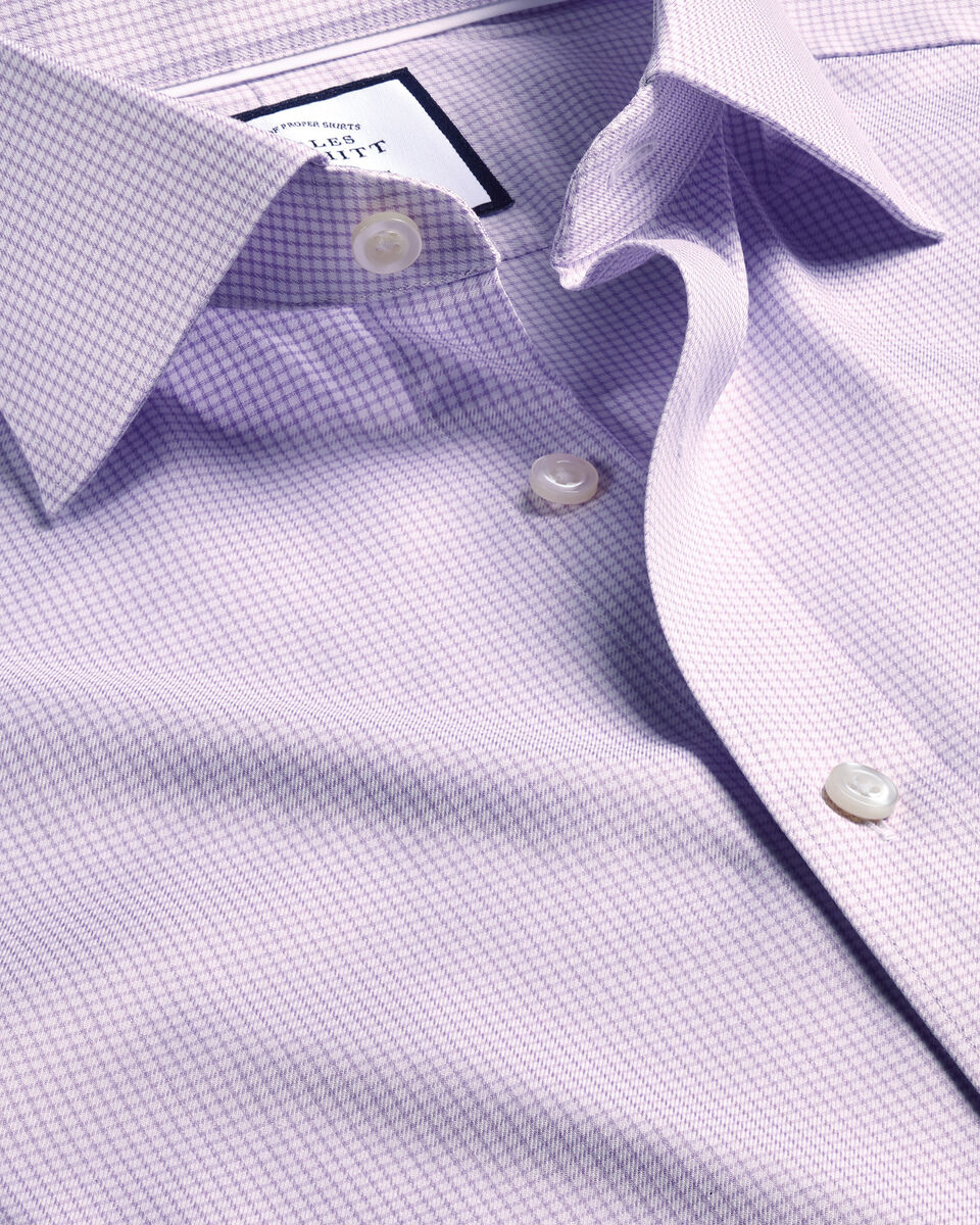 Semi-Cutaway Collar Egyptian Cotton Twill Small Grid Check Slim Fit Shirt - Violet Purple