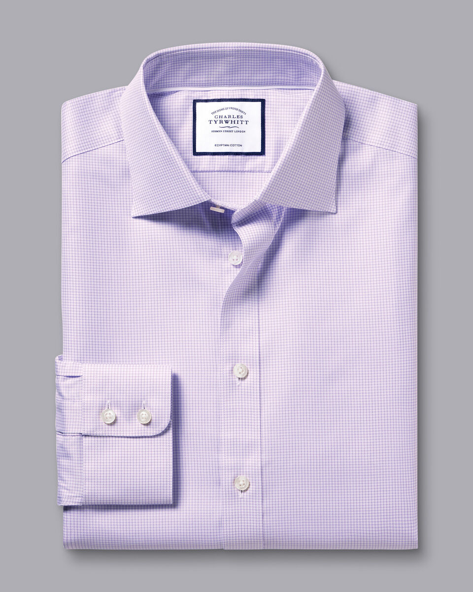 Semi-Cutaway Collar Egyptian Cotton Twill Small Grid Check Slim Fit Shirt - Violet Purple