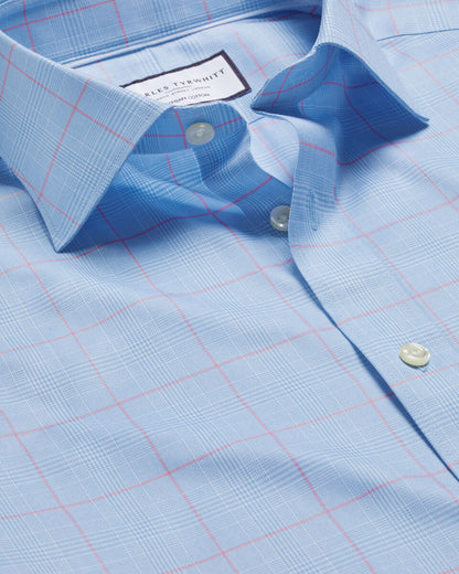 Classic Fit Semi-Cutaway Collar Egyptian Cotton Prince Of Wales Check Shirt - Sky Blue