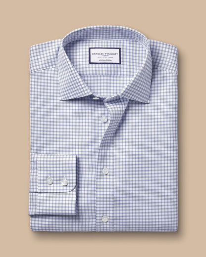 Semi-Cutaway Collar Egyptian Cotton Twin Check Slim Fit Shirt - Royal Blue