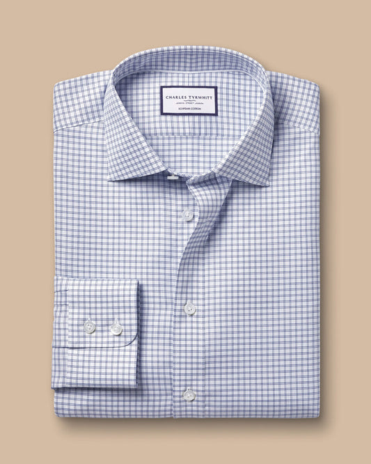 Semi-Cutaway Collar Egyptian Cotton Twin Check Slim Fit Shirt - Royal Blue