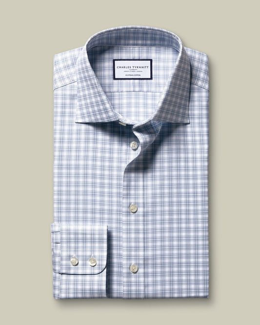 Semi-Cutaway Collar Luxury Check Extra Slim Fit Shirt - Indigo Blue