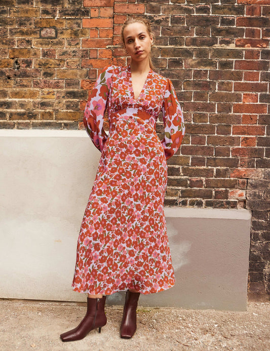 Floral V-Neck Midaxi Waisted Dress
