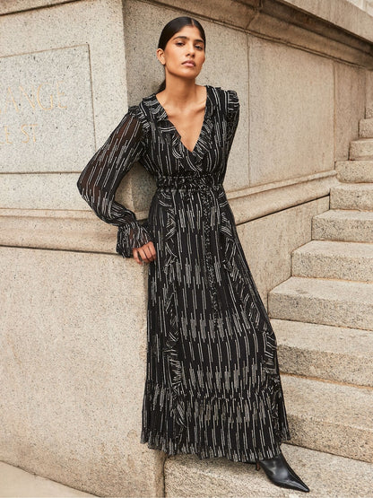 Gold Lydia Foil Tie Waist Midaxi Dress