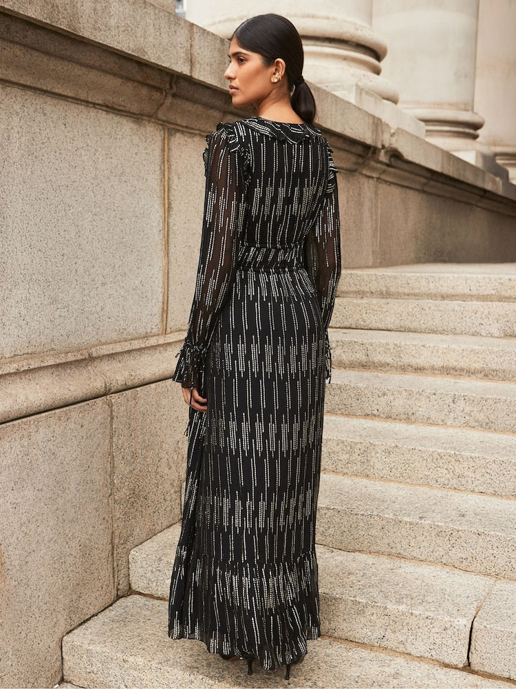 Gold Lydia Foil Tie Waist Midaxi Dress