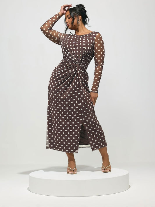 Curve Brown Side Knot Maxi Dress