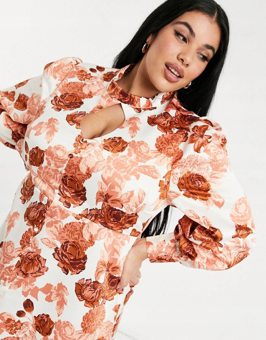 High Neck Midi Tea Dress in Rose Floral