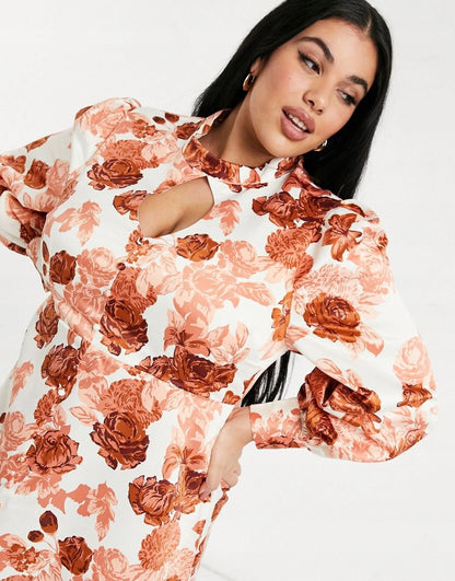 High Neck Midi Tea Dress in Rose Floral