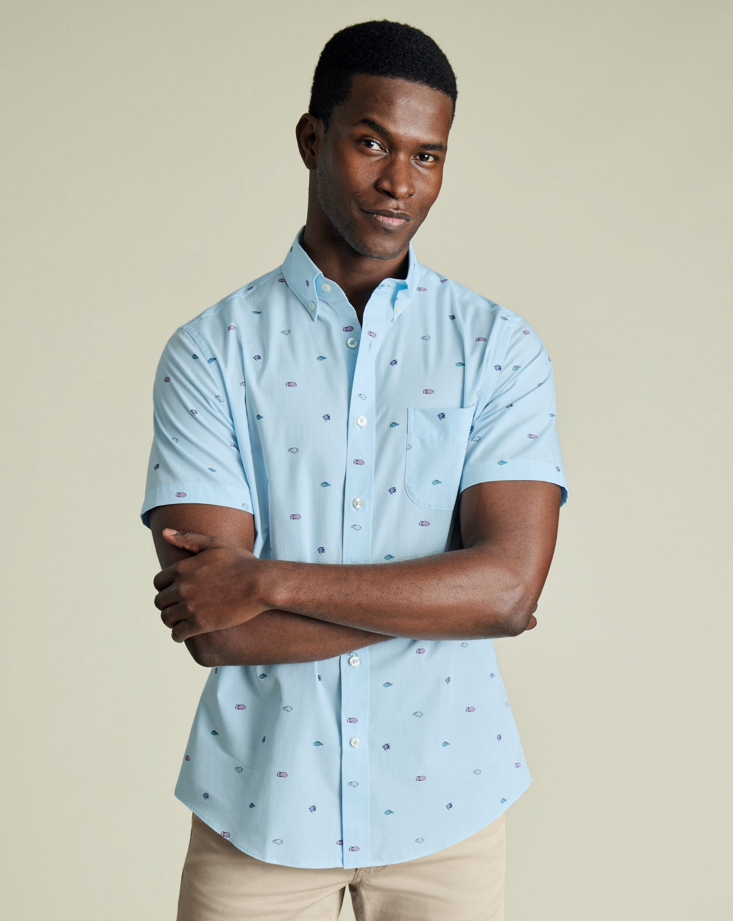Fish Print Slim Fit Button Down Short Sleeve Shirt