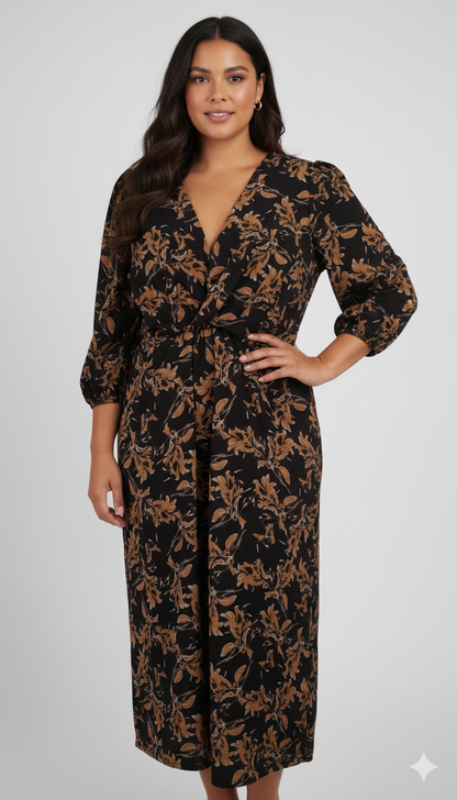 Mock Wrap Print Midi Dress