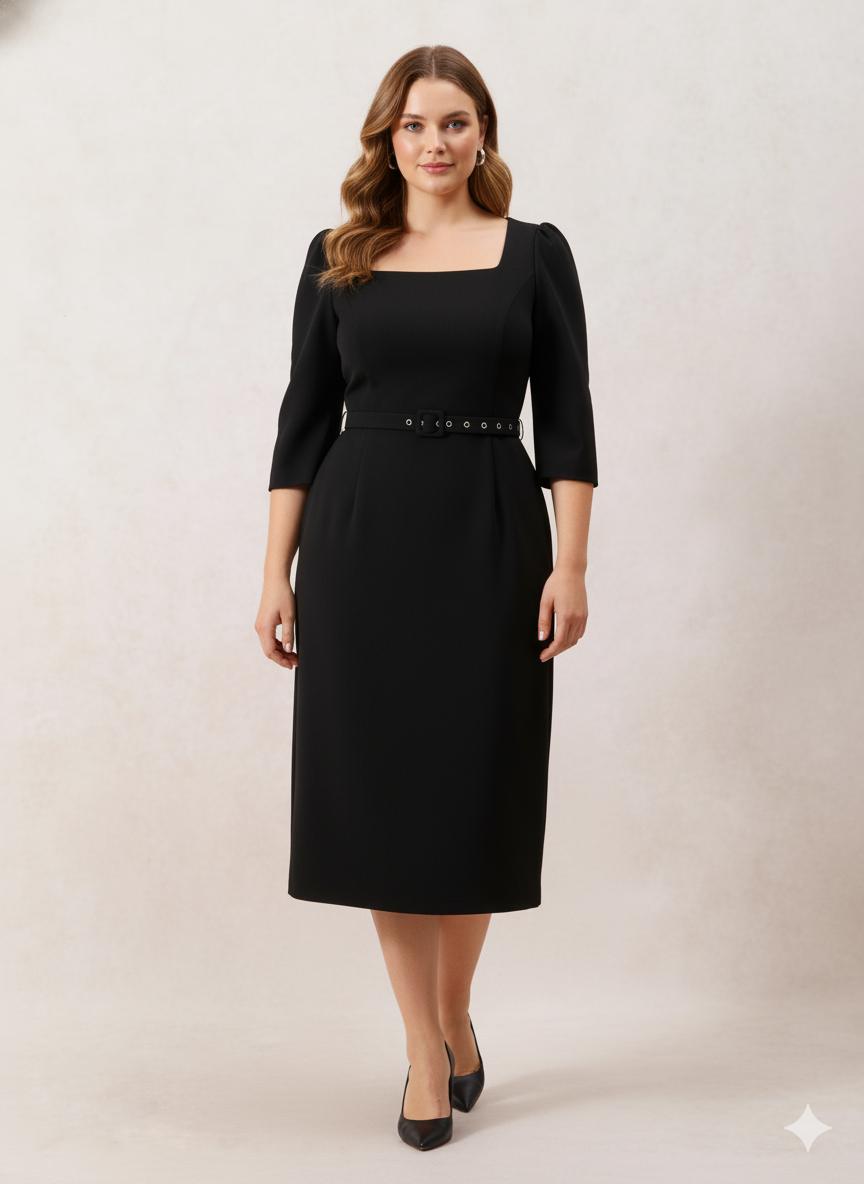 Square Neck Belted Midi Dress Black