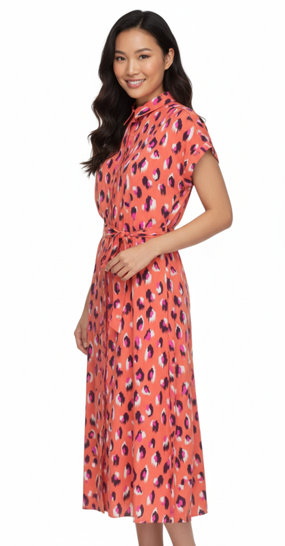 Belted Animal Print Shirt Dress Coral