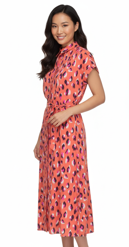 Belted Animal Print Shirt Dress Coral