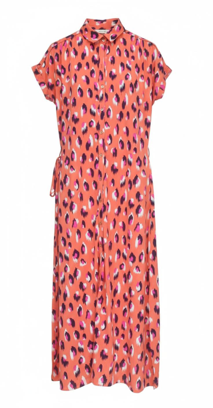 Belted Animal Print Shirt Dress Coral