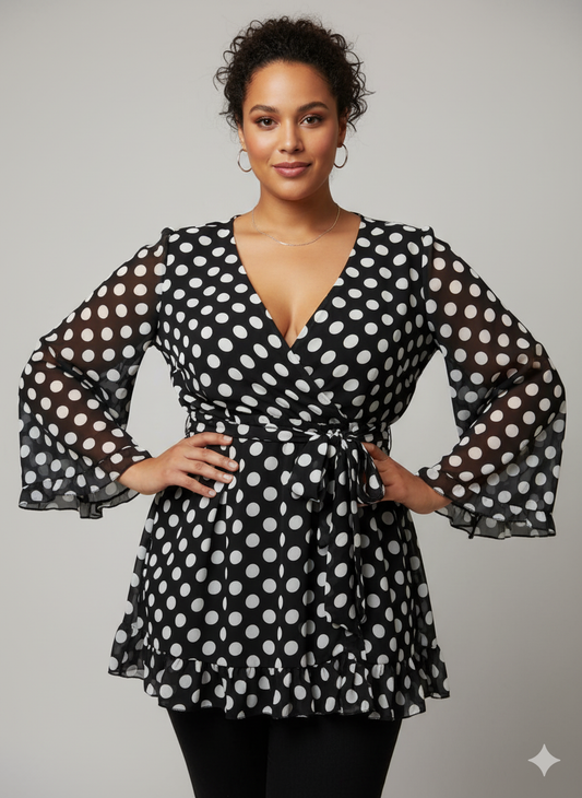 Polka Dot Wrap Peplum Top Black
