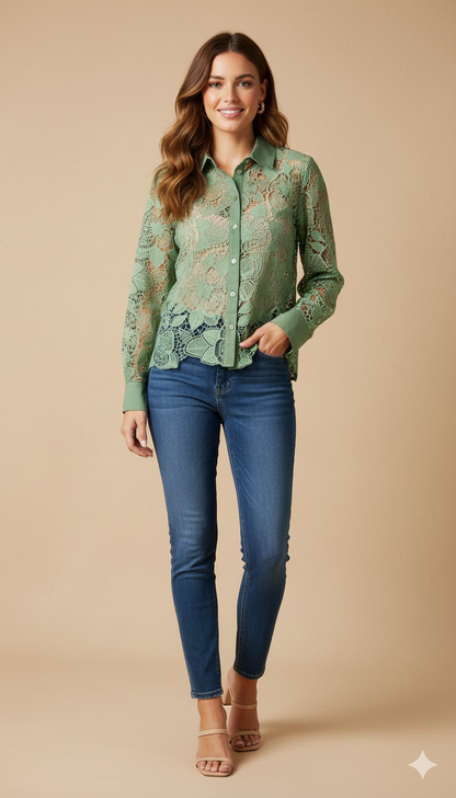 Premium Scallop Lace Collared Shirt Green