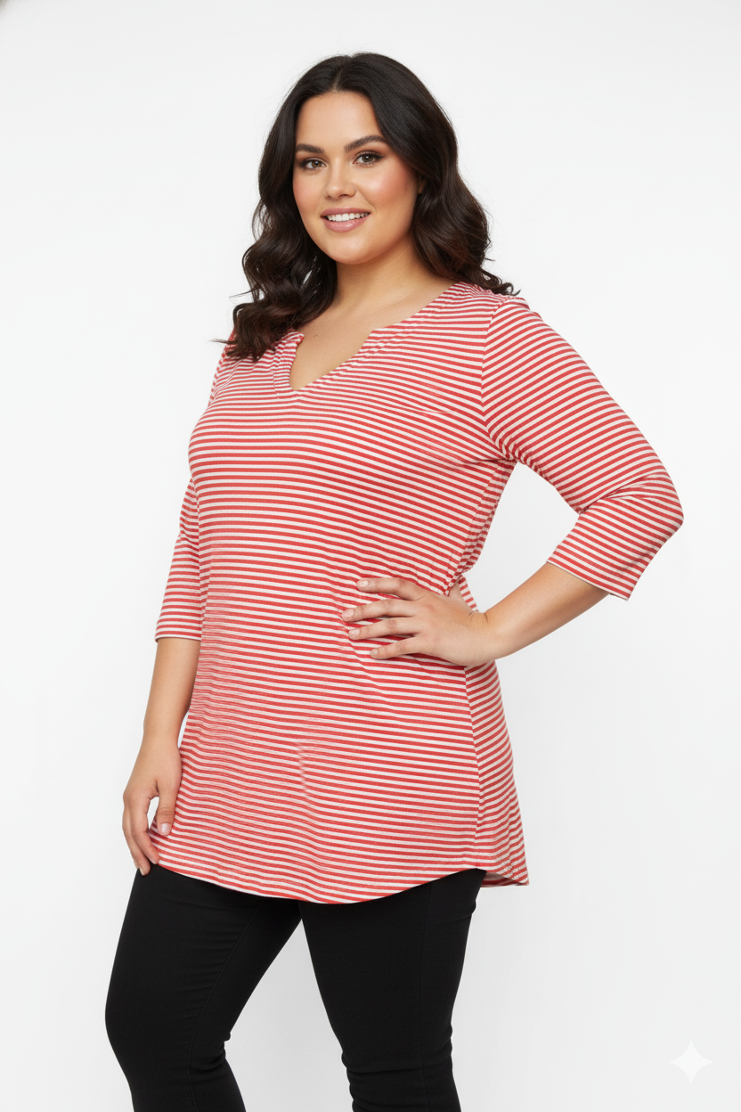Notch Neck Stripe Red Top