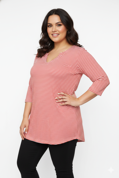 Notch Neck Stripe Red Top