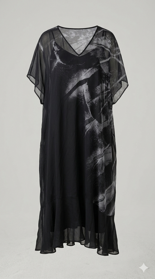 Chiffon Black Print Midi Dress