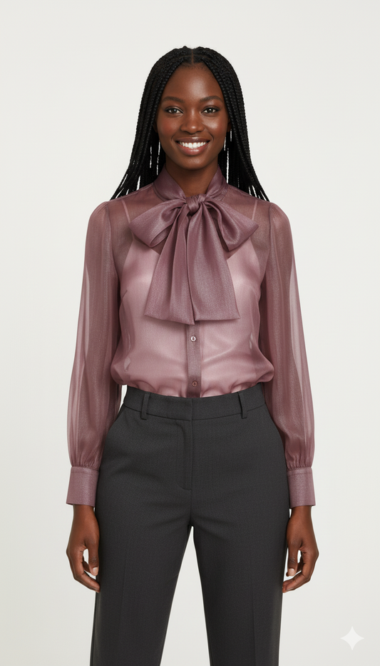 Shimmer Plum Chiffon Tie Neck Shirt