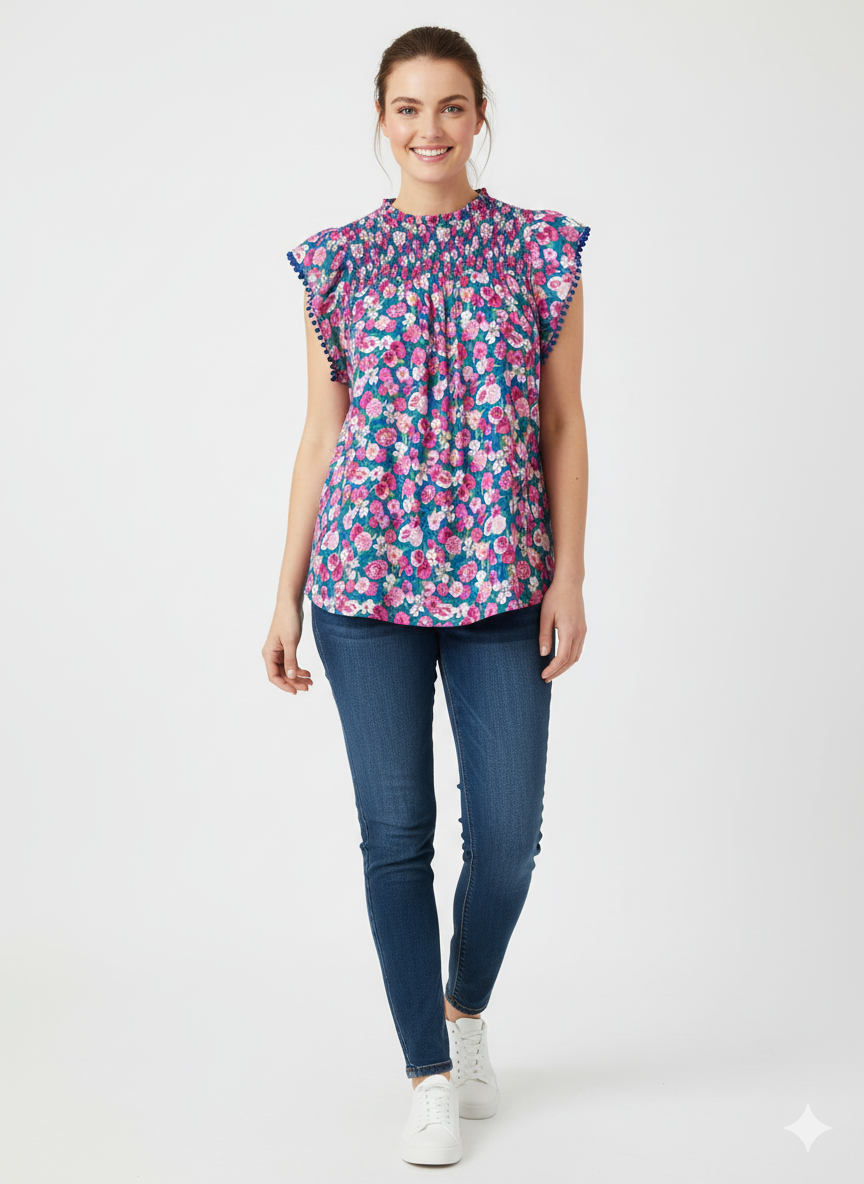 Floral Highneck Shirred Top