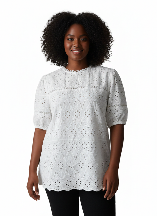 White Short Sleeve Broderie Top