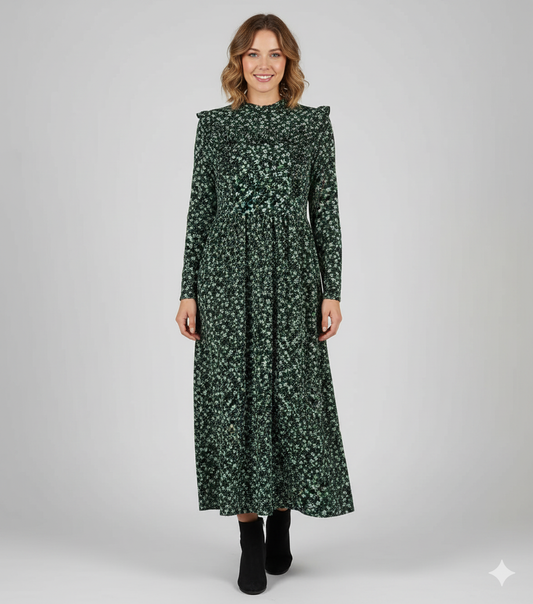 Floral Longsleeve Cape Dress Green