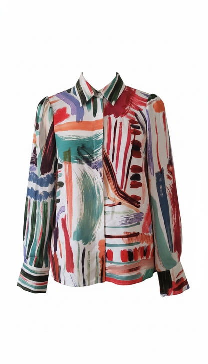 Abstract Print Shirt and Midi Pleated Skirt Set